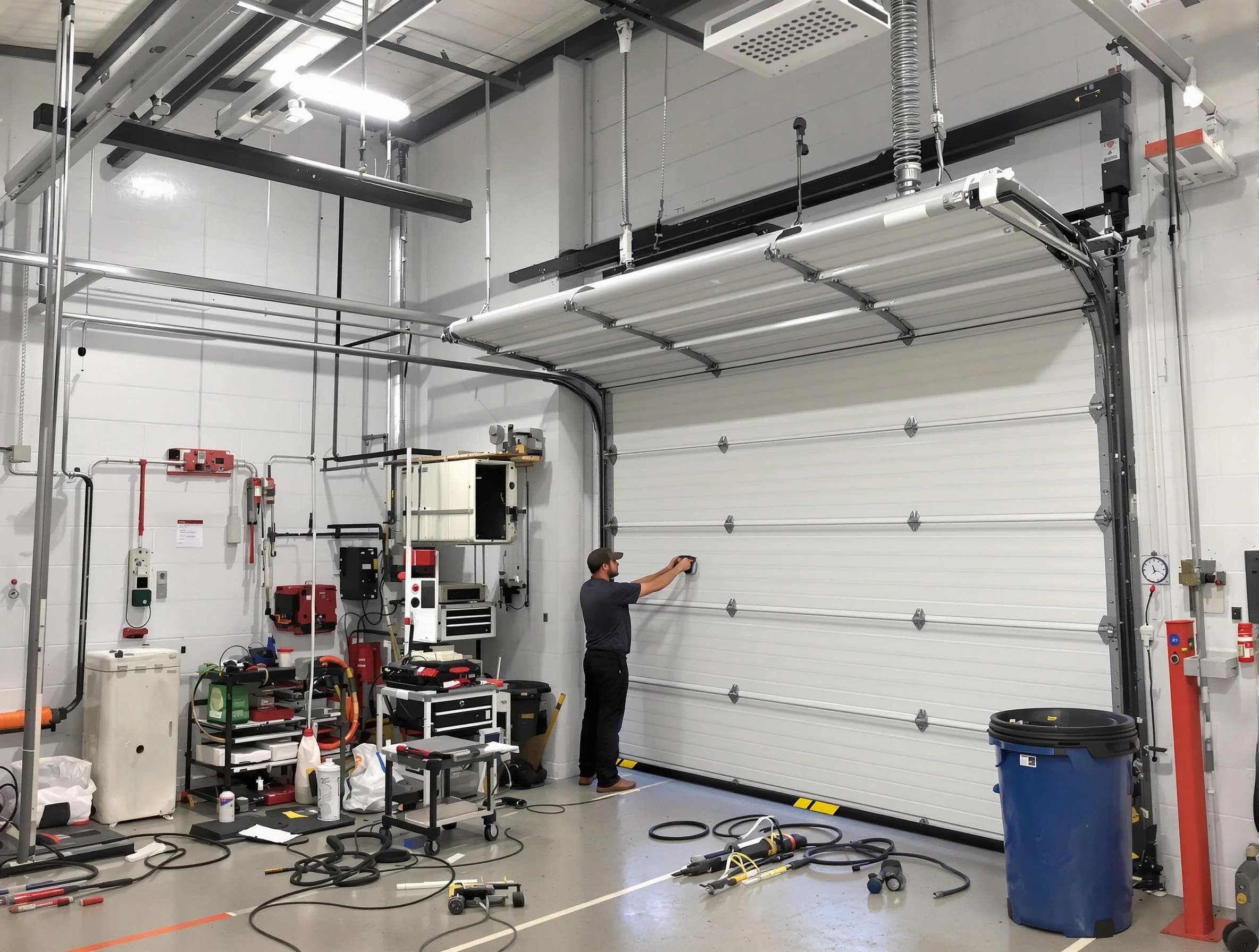 Plymouth Garage Door Repair certified technician performing commercial door repair at a Plymouth business facility