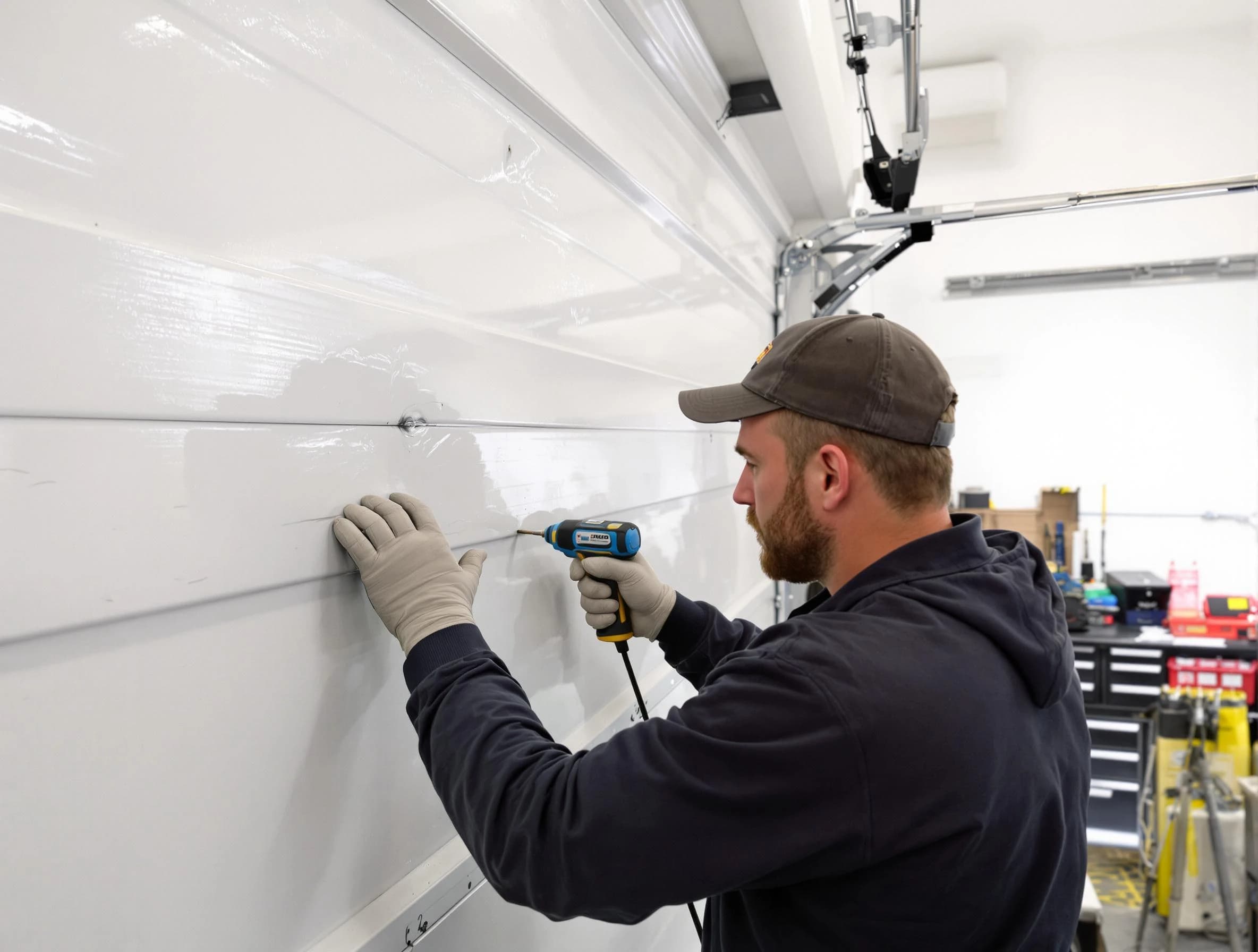 Plymouth Garage Door Repair technician demonstrating precision dent removal techniques on a Plymouth garage door