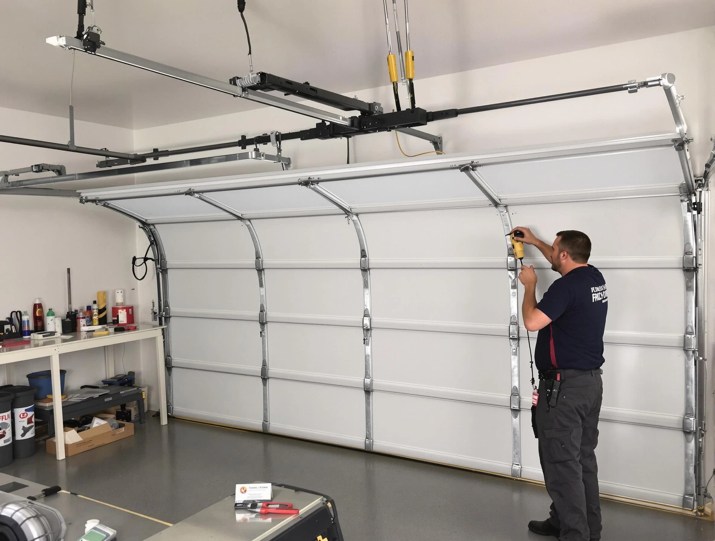 Plymouth Garage Door Repair certified technician performing overhead door system repair in Plymouth