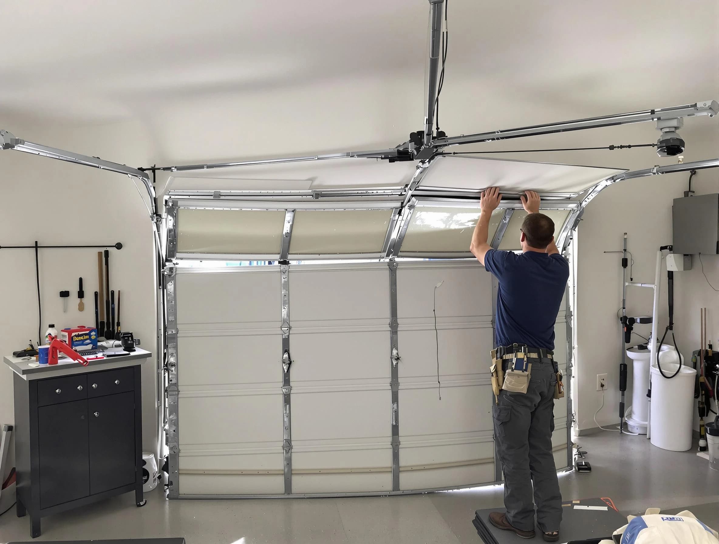 Plymouth Garage Door Repair specialist performing precise section replacement on Plymouth garage door