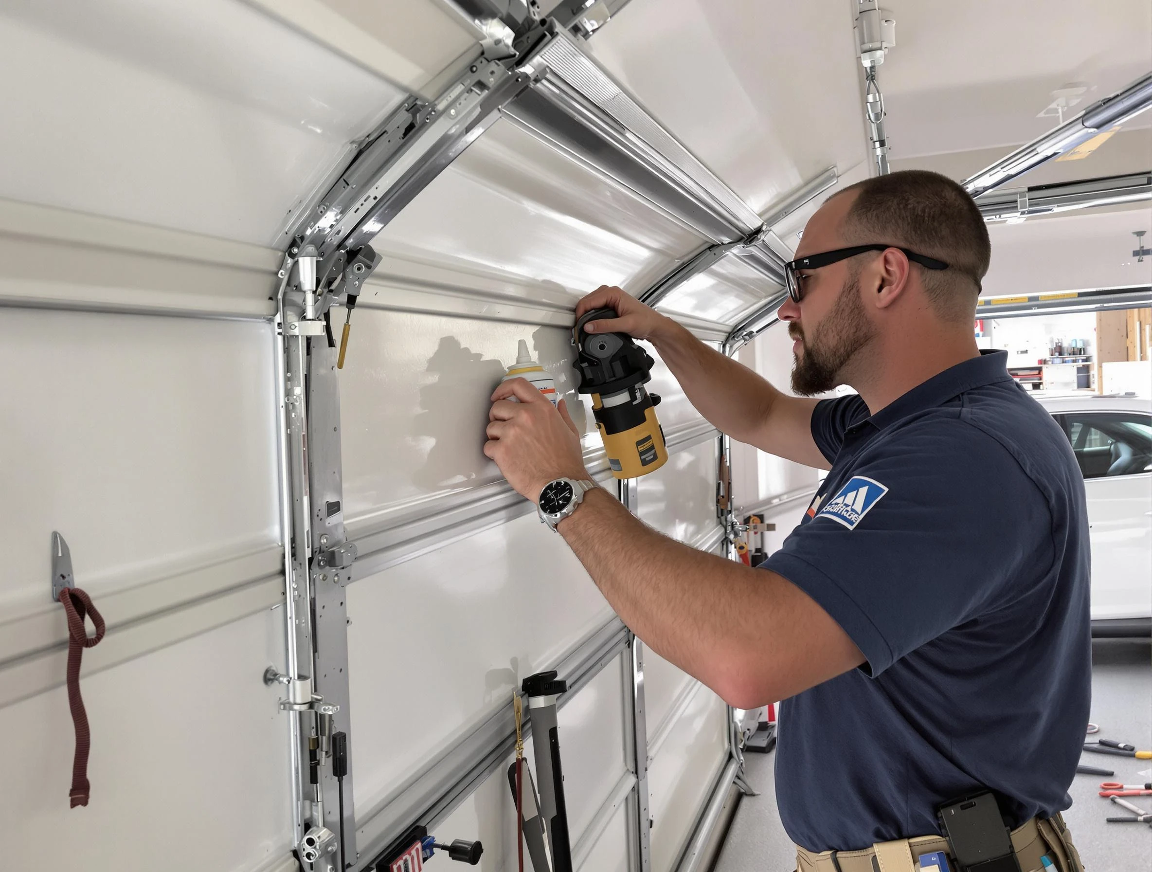 Plymouth Garage Door Repair technician quieting a noisy garage door in Plymouth