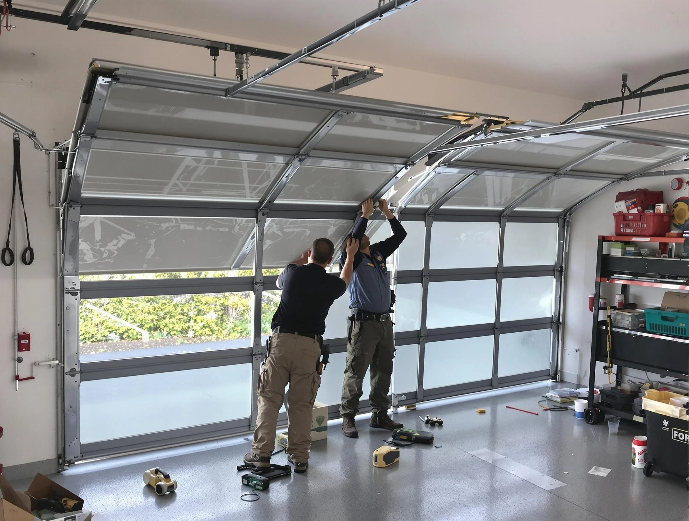 Plymouth Garage Door Repair expert performing precise panel replacement on Plymouth garage door